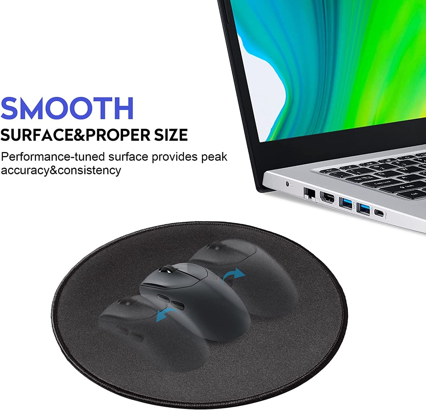 Round Mouse Pad, Premium-Textured Small Round Mousepad, Stitched Edge Anti-Slip Waterproof Rubber Mouse Mat, Home Office Desk Accessories 9.4 x 9.4 Inch(Black)