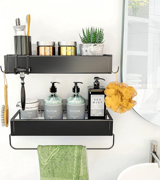 New Shower Caddy Shelf with Towel Bar, Adhesive Shampoo Holder with Hook, Shower Rack Basket Organizer for Bathroom, 2-in-1 Bathroom Shelf Kitchen Spice , 2-Pack Black