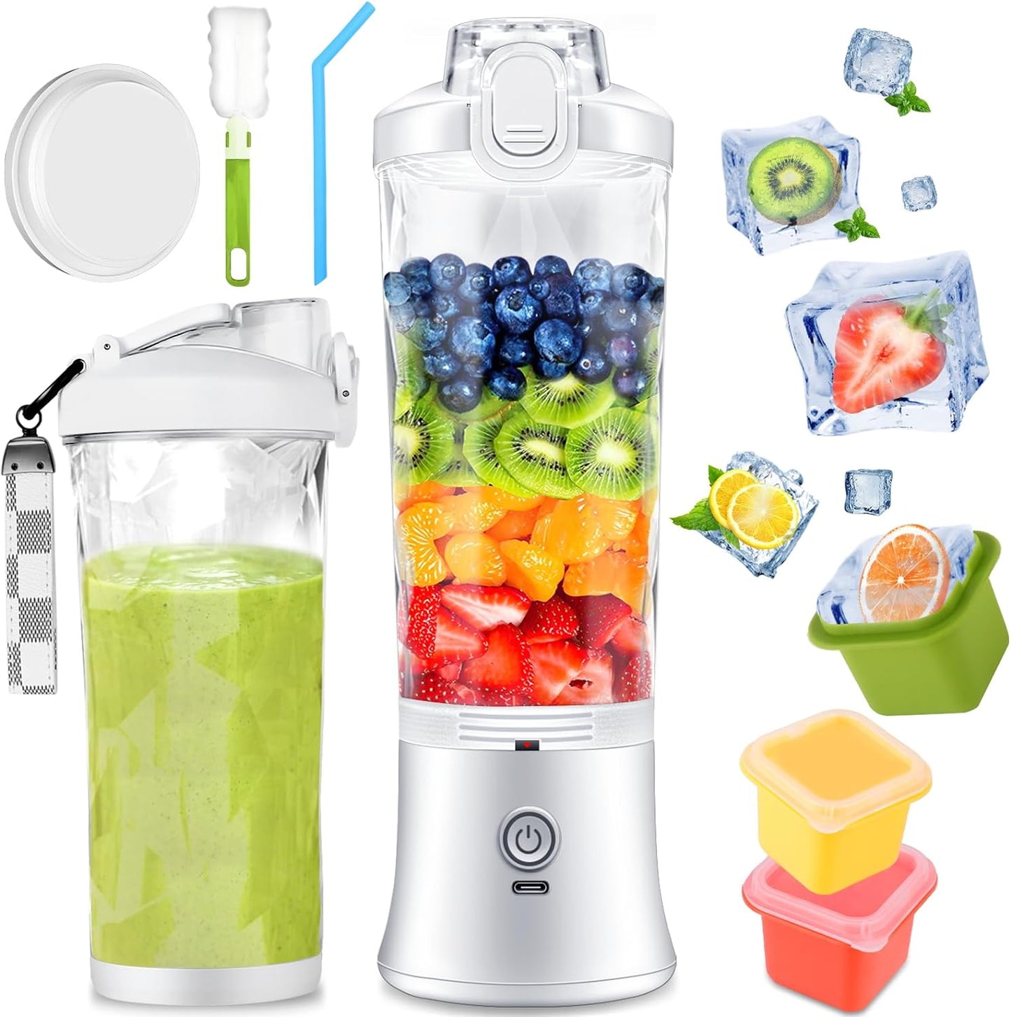 New Portable Blender Personal Juicer - Kitchen 21oz USB Rechargeable 4000mAh Large Battery with 6 Blades for Smoothies Shakes Baby Food and Proteins - Home Office Gym Sports and Travel (White)