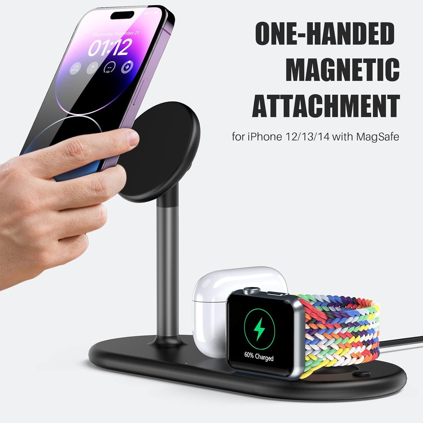 3-in-1 Wireless Charging Station for Apple Devices - Fast Wireless Charger Stand Compatible with Magsafe Charger for iPhone 14/13/12 Series, Apple Watch Ultra 8/7/SE/6/5/4/3, AirPods 3/Pro/2/1