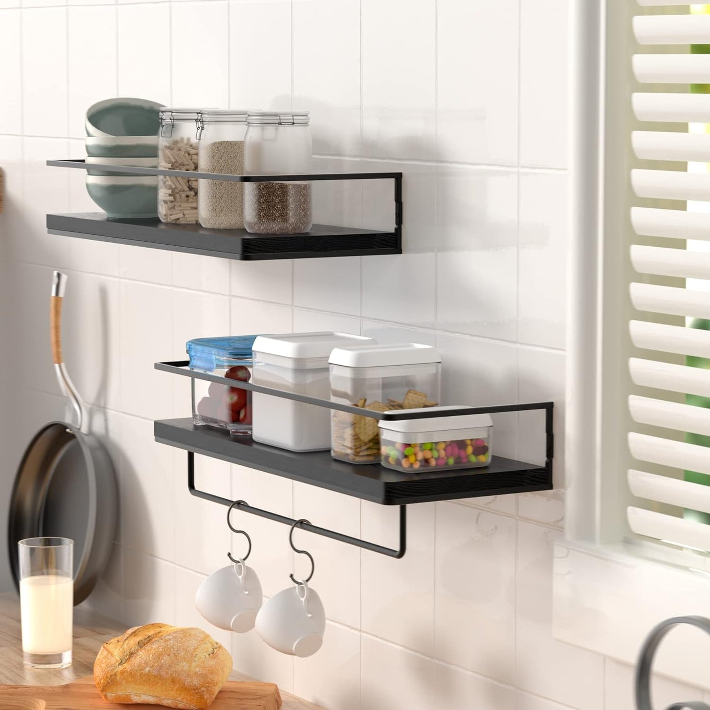 New Floating Shelves for Wall Set of 2, Wall Mounted Storage Shelves with Black Metal Frame and Towel Rack for Bathroom, Bedroom, Living Room, Kitchen, Office (Black)