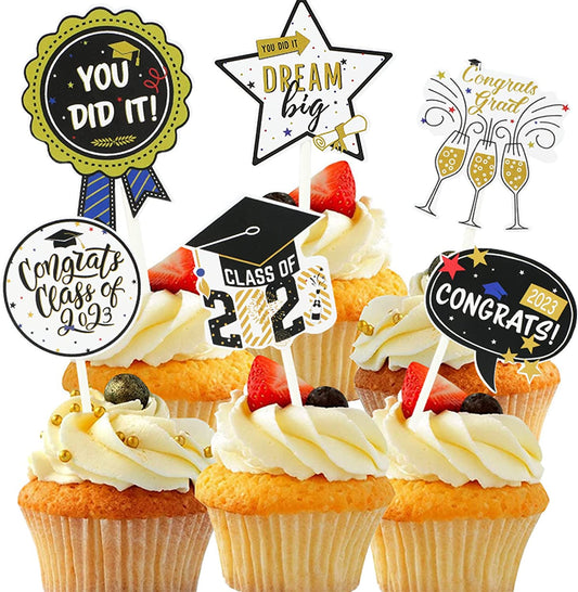 New Graduation Decorations Class of 2023 & 48 Pack Cute Graduation Cap Cake Toppers for Cupcakes (6 Different Patterns)