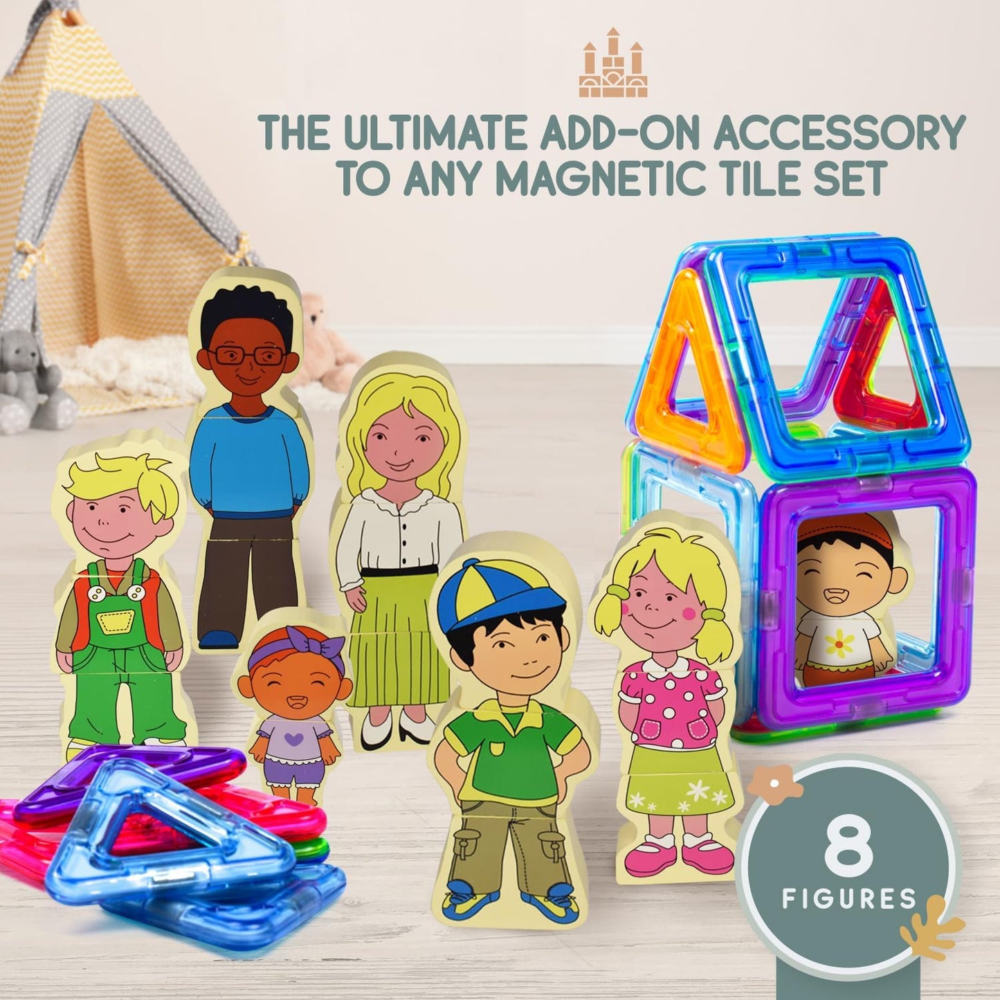 NEW 22pc Wooden Magnetic Figures Set of 8 (16 Double Sided Characters) Mix & Match Family Set - Compatible with All Magnetic Tiles Sets - Educational STEM Building Toy Pretend Playset for Ages 3+