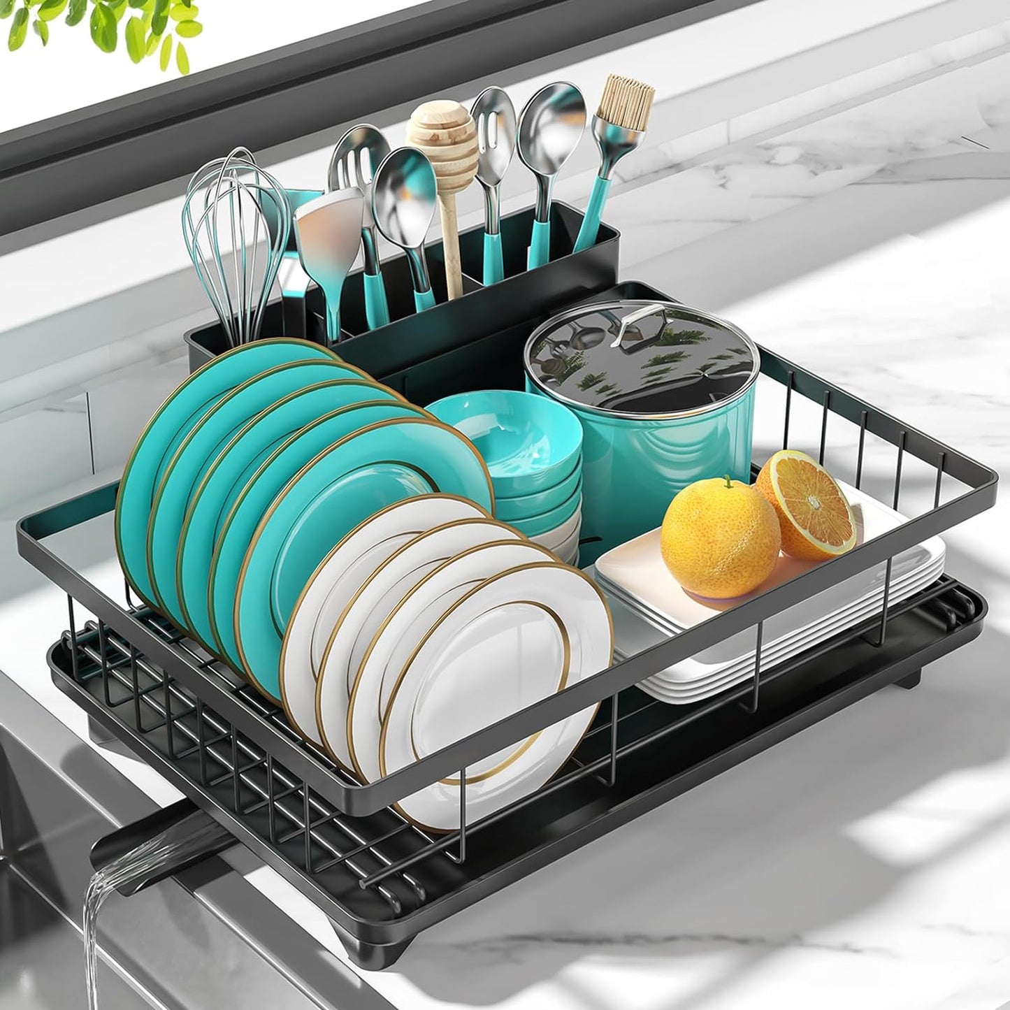 New Dish Drying Rack with Sloped Drainboard Space-Saving Dish Rack for Kitchen Counter with Wide Leak-Proof Spout, Dish Drainer Rack with Large 3-Compartment Utensil Holder for Various Tableware