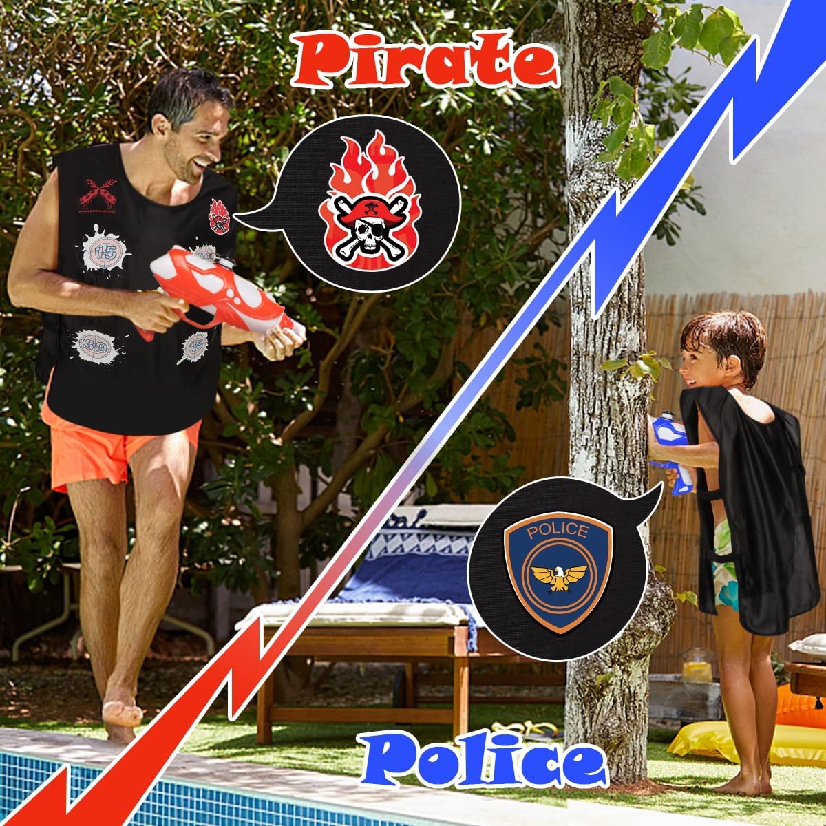 New Water Guns & Water Activated Vests Police Pirate Pretend Game Water Battle Gun Toys for Adult Kids Ages 8+ in Yard Summer Outdoor Water Fun Beach Pool Party Water Games, 2 Squirt Guns & 2 Target Vests