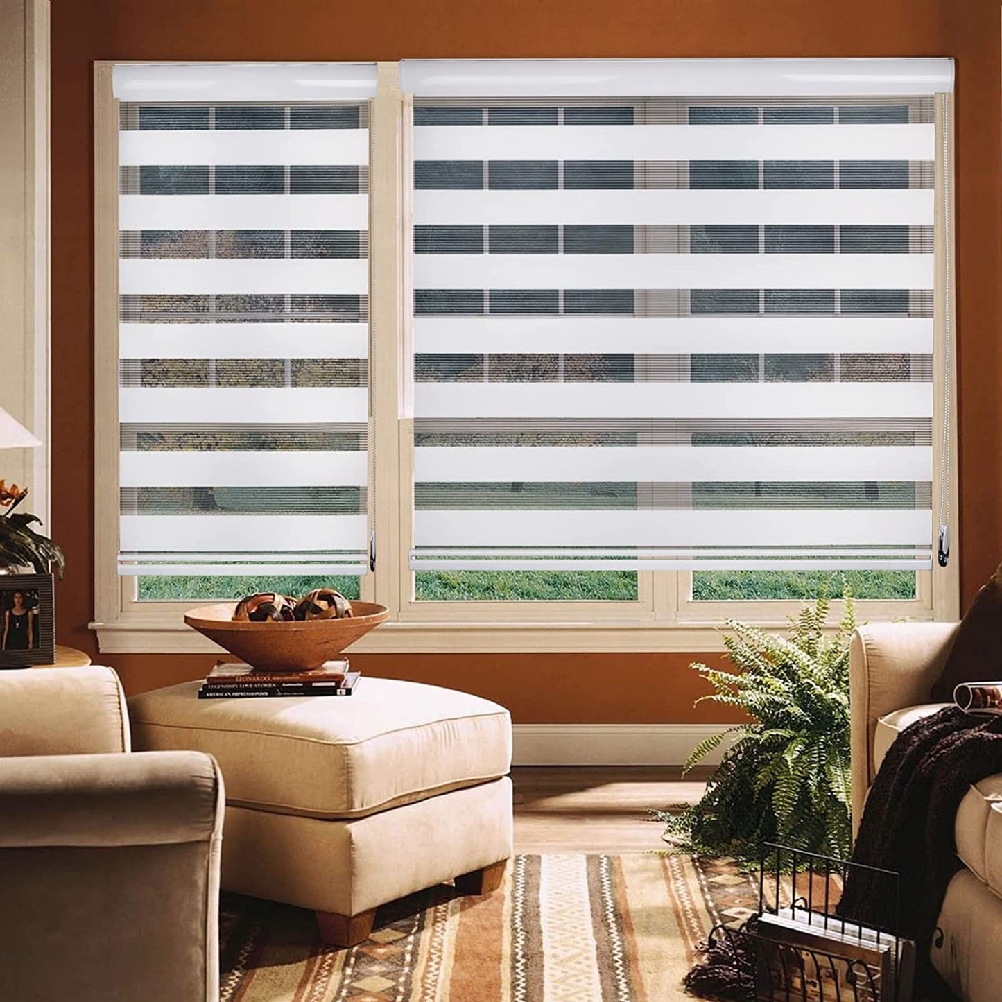 New 24”x72” Zebra Blinds for Windows, Dual Layer Roller Shades, Window Shades for Light Filtering and Privacy Light Control for Day and Night, Shades and Blinds for Indoor Windows (White 21''x72'')