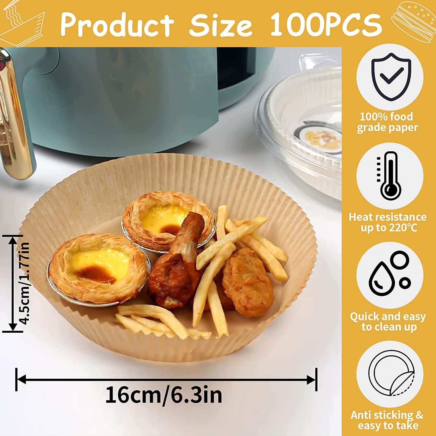 Air Fryer Disposable Liners Art 100PCS Nonstick Food Grade Baking Paper, Oil-proof, Parchment Paper for Microwave Oven Frying Pan, 6.3inch Air Fryer Liners Round (100PCS Nature)