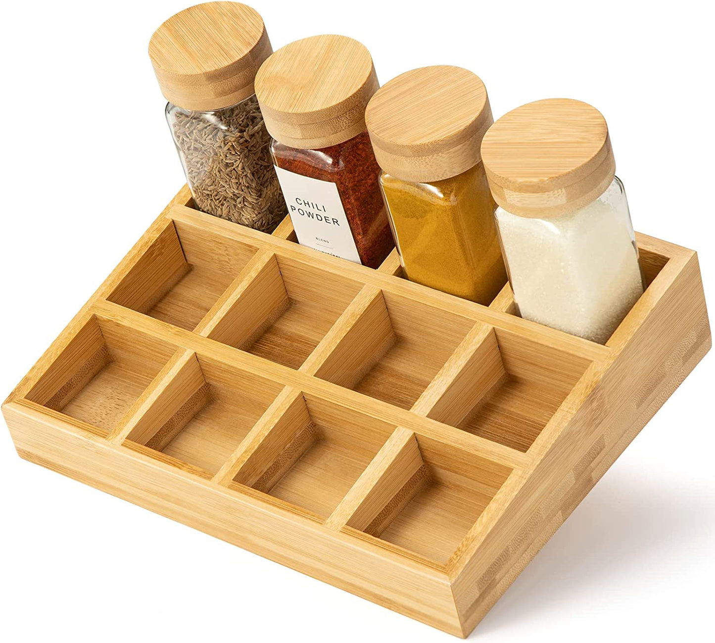 New Spice Rack Organizer for Cabinet & Countertop, Bamboo Seasoning Organizer for Drawers, Anti-tipping Spice Racks for 24 Seasoning Jars