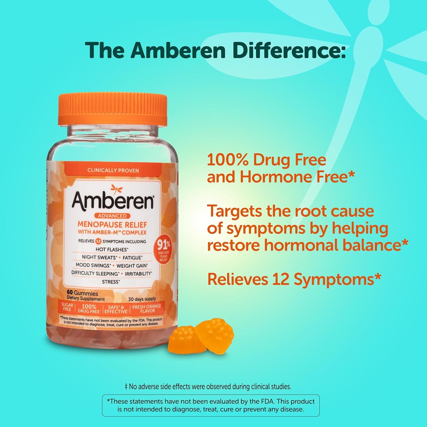 Amberen Menopause Supplements for Women, Multi-Symptom Relief, Vitamin E & Unique Amberen Compound, Helps Support Hormone Balance, Hot Flashes & Night Sweats, Sugar Free, Orange Flavor, 60 Gummies