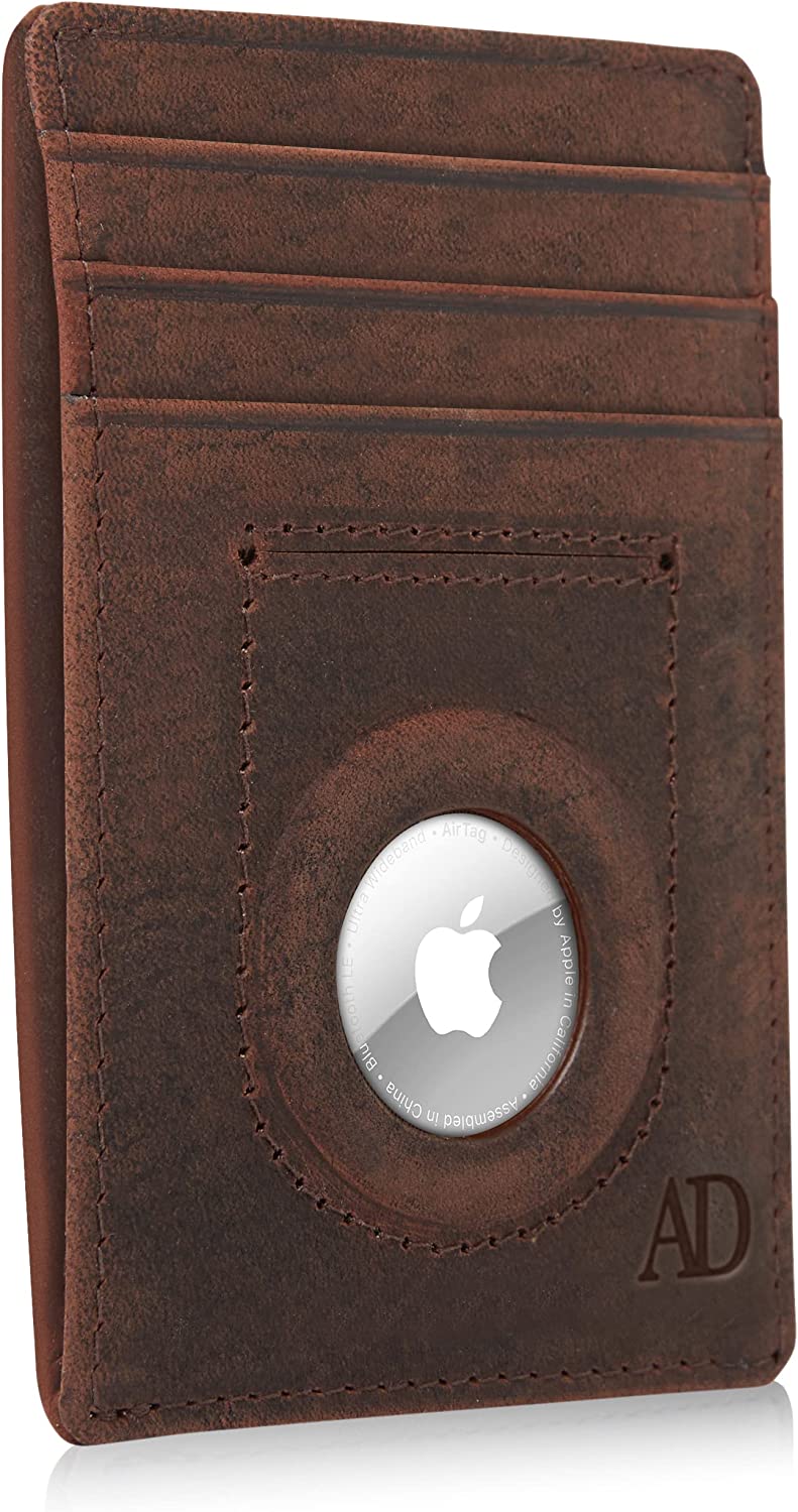 New Genuine Leather Air Tag Holder - Slim Minimalist Wallets For Men & Women - Front Pocket Thin Mens Wallet RFID Credit Card Holder Gifts For Men - Air Tag NOT Included