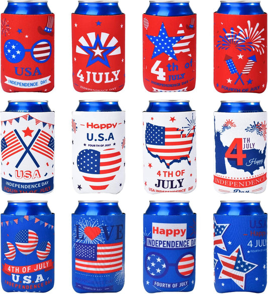 4th of July Decorations, 12PCS Beer Can Cooler Sleeves for Fourth of July Independence Day Decor, Insulated Collapsible USA Pattern Can Cover for Memorial Day Patriotic Party Supplies Outdoor Indoor