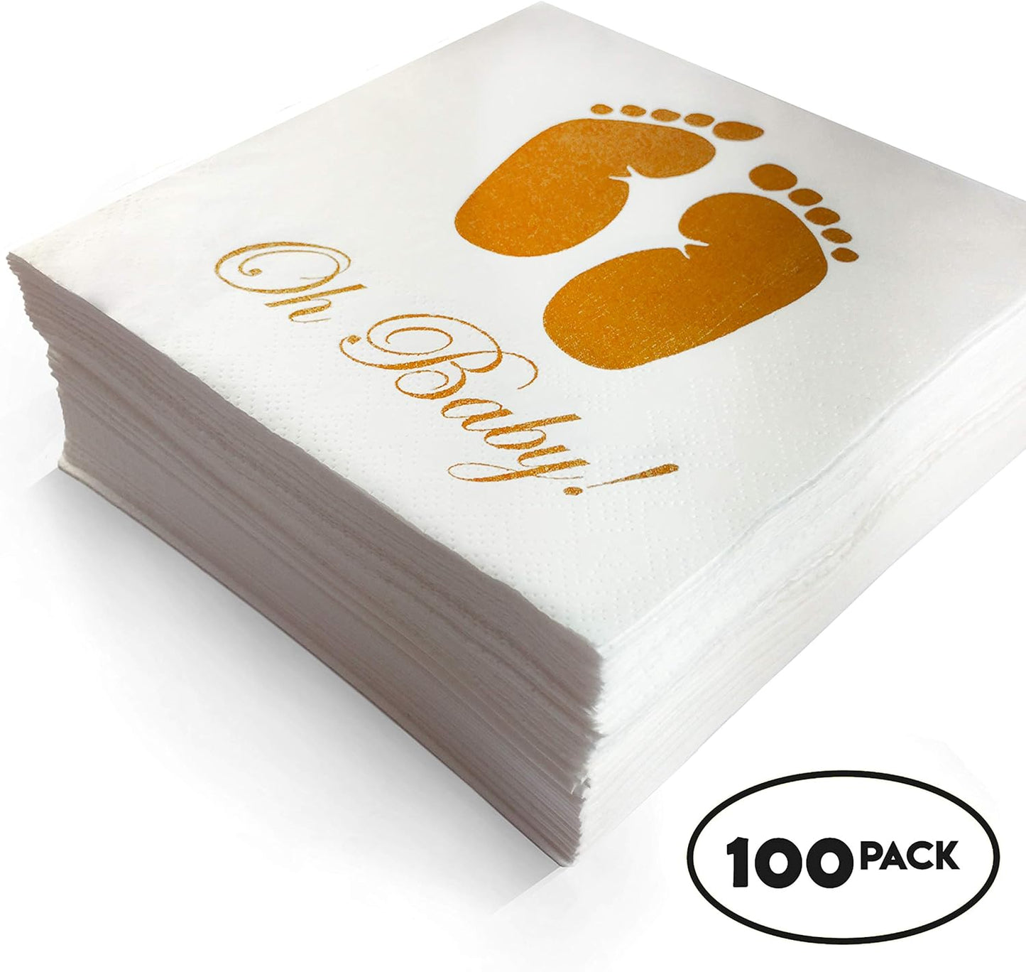 Elegant, 100 Pack, Baby Shower Napkins -Folded 5x5 inch, 3-PLY, Oh Baby Gold Feet Design for Boy and Girl, White Paper, Disposable Tableware Decorations Supply for Cocktail Dinner Lunch Birthday