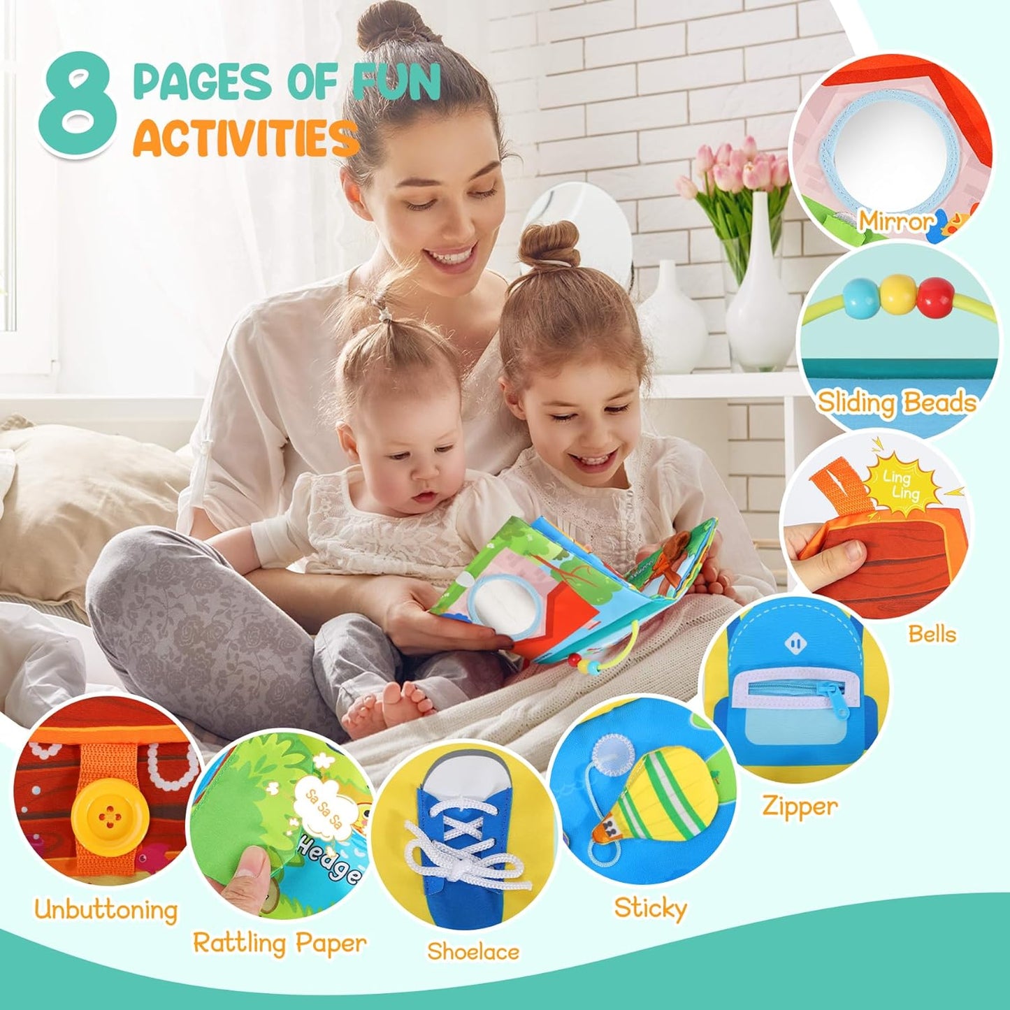 Baby Books Toys 0-18 Months, Montessori Toys for Infant Newborn Activity Soft Book with Mirror Squeaky Sounds, 8-Page Early Development Travel Toys Birthdays Gifts for Toddler Motor Skills