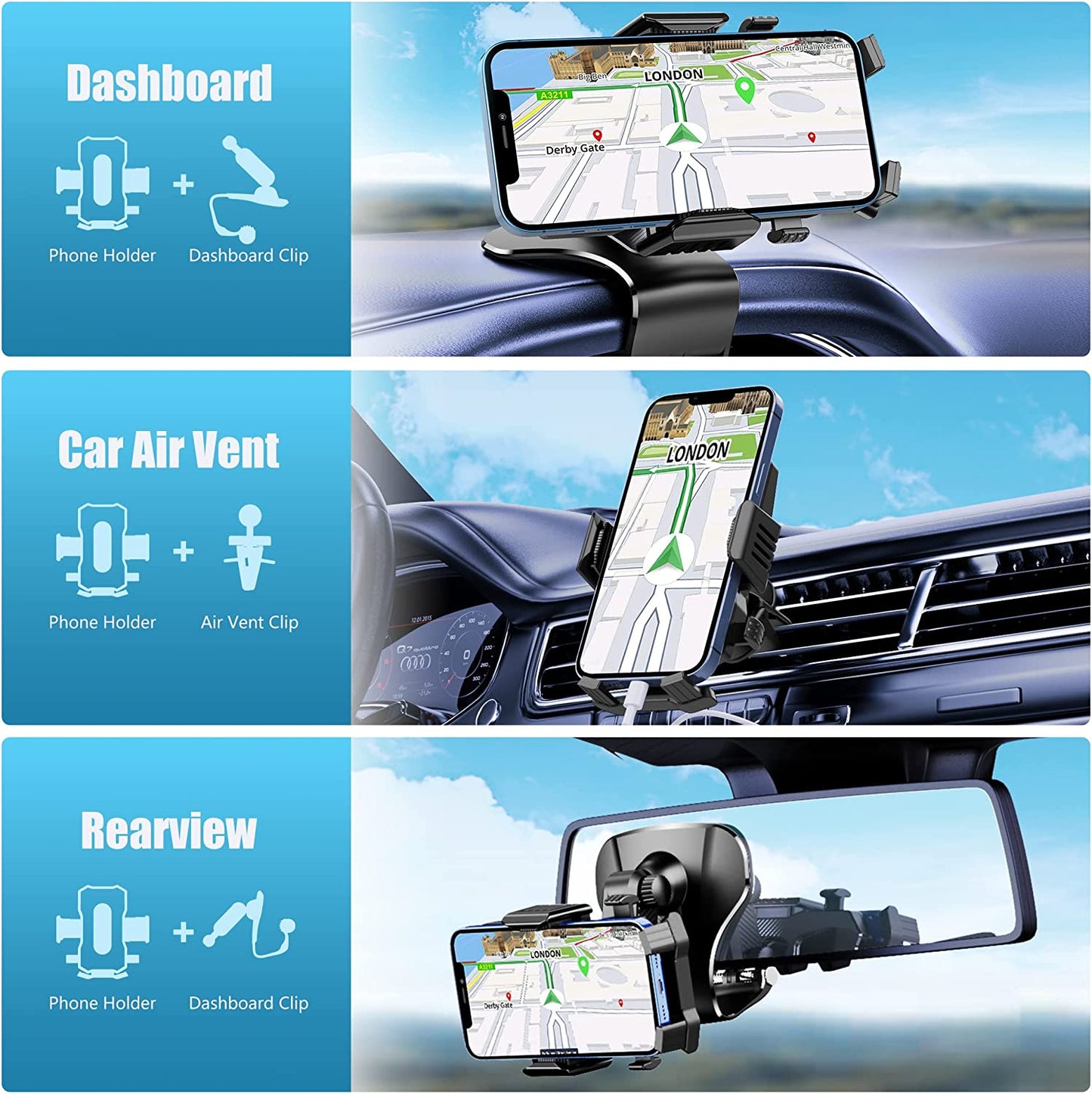 [2023 Upgraded] Phone Mount for Car Dashboard & Air Vent, 1200 Degree Rotation Car Phone Holder Mount with 3M Adhesive[Multi-Angles&Stable], Cell Phone Holder Car for iPhone Samsung All Smartphone