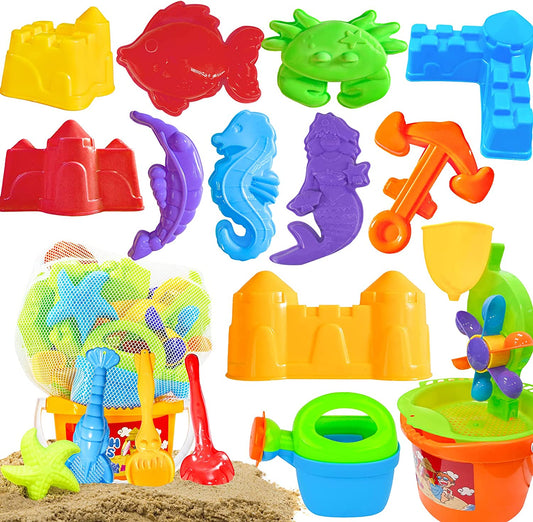 New Beach Toys, 19 Pcs Sand Toys Set, Summer Outdoor Sandbox Toys for Kids & Toddlers with Sand Water Wheel, Beach Shovel Tools, Beach Bucket, Sand Molds, Watering Can & Mesh Bag for Beach Party