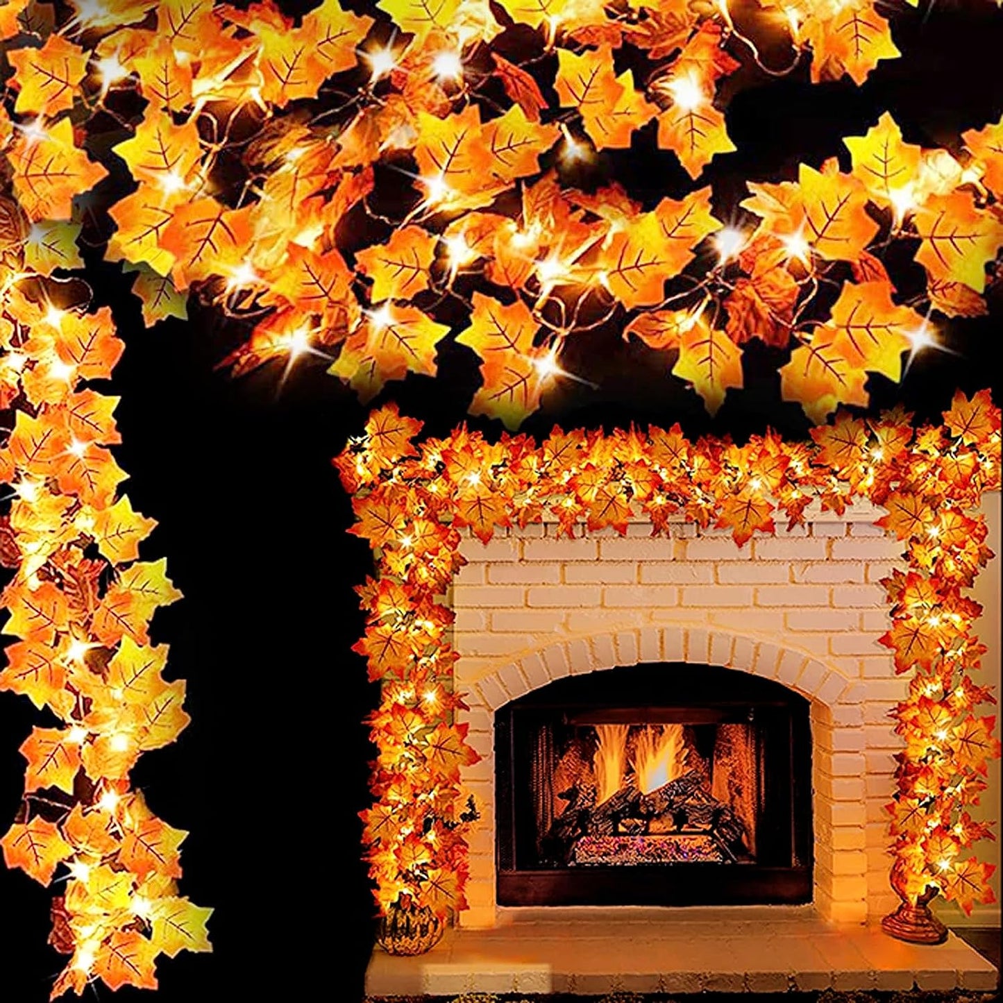 2 Pack Fall Decor Thanksgiving Decorations for Home Lighted Fall Garland, Total 16.4Ft 50LED Fall Halloween Decorations Maple Leaves String Lights Battery Operated Indoor Outdoor Autumn Harvest Decor
