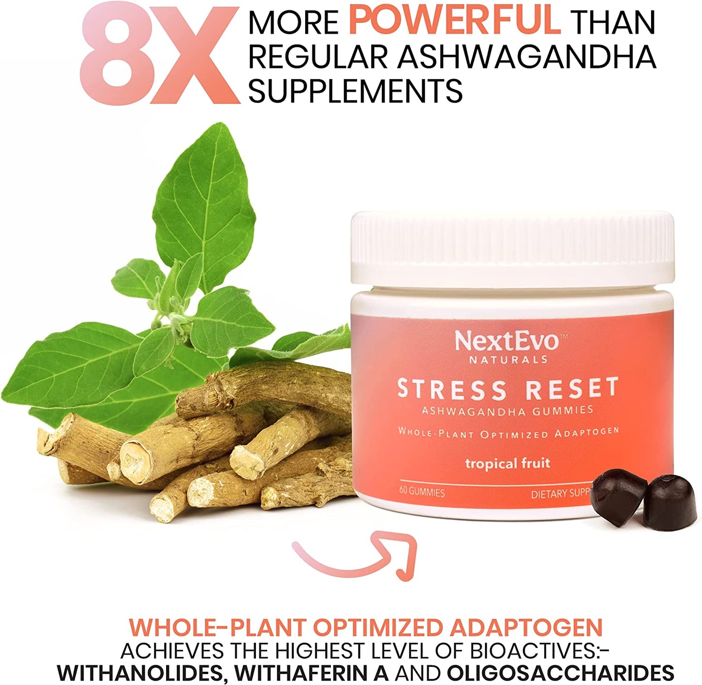 New Naturals Ashwagandha Stress Relief Gummies with a High Potency 8X More Powerful Patented Ashwagandha Root & Stem Blend, Tropical Fruit Flavored, 60 Stress Reset Gummies.