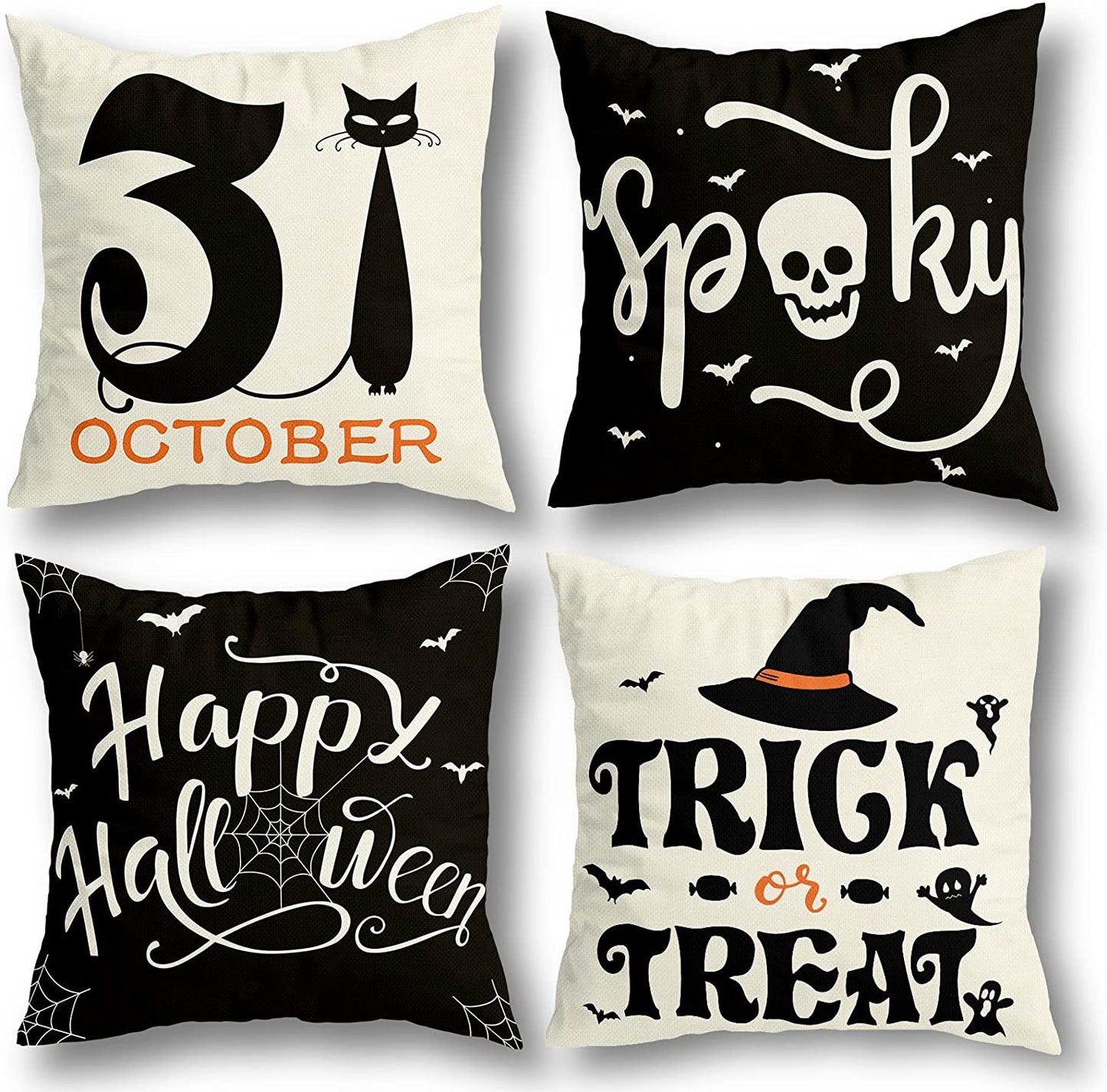 New Halloween Decorations Pillow Covers 18x18 Set of 4 for Halloween Decor Indoor Outdoor, Party Supplies Farmhouse Home Decor Throw Pillows Cover Spider Web Cat Skull Decorative Cushion Case