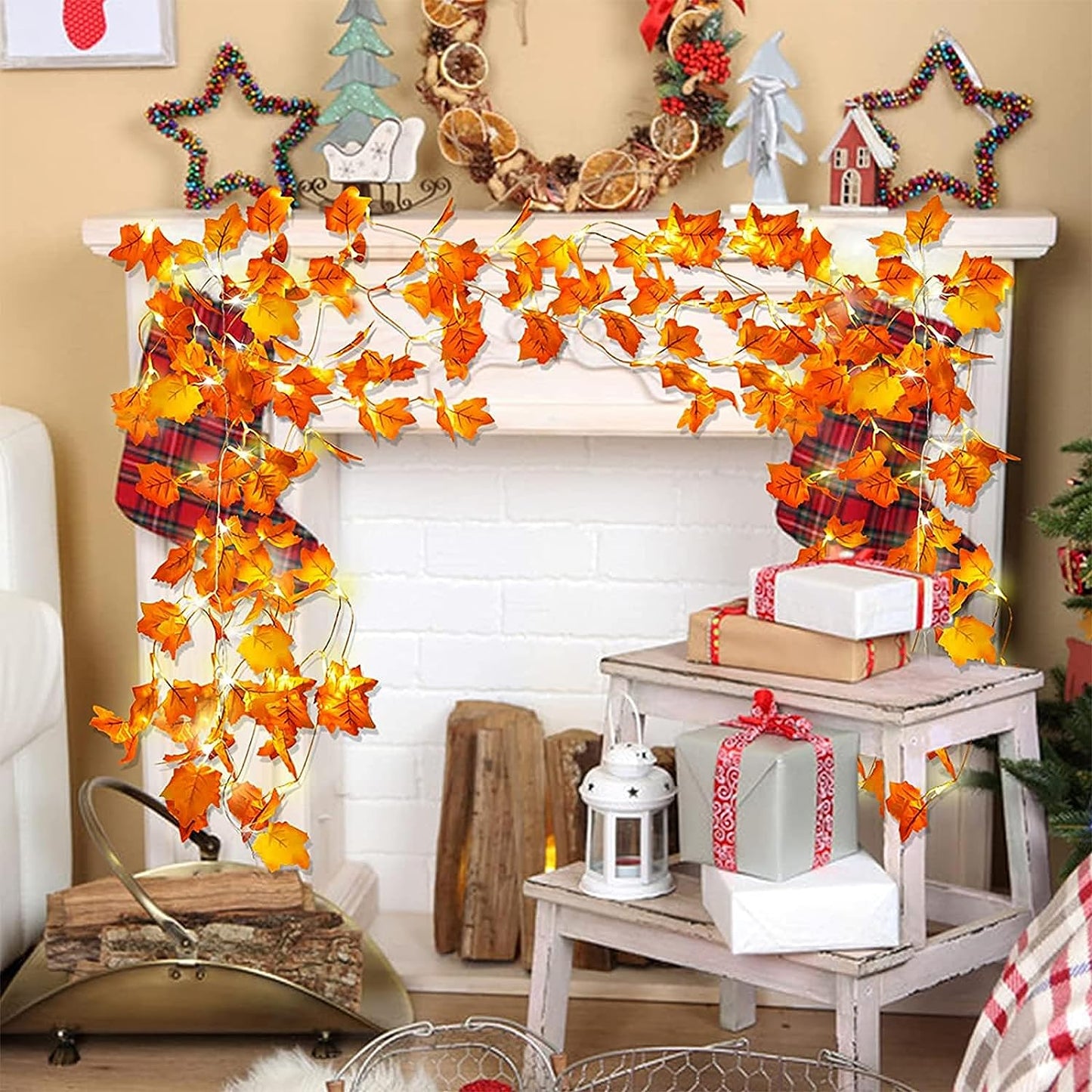 2 Pack Fall Decor Thanksgiving Decorations for Home Lighted Fall Garland, Total 16.4Ft 50LED Fall Halloween Decorations Maple Leaves String Lights Battery Operated Indoor Outdoor Autumn Harvest Decor