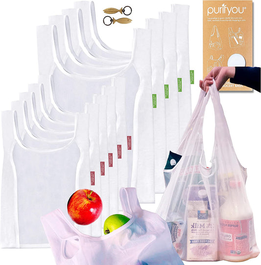 New Purpose Reusable Produce and Grocery Bags, Set of 9 SEE THROUGH Mesh | with Handles | Foldable Shopping Bags & Farmers Market Net Bag, Washable | Kitchen Storage for Food, Fruits, Vegetable and Shopping Organizer