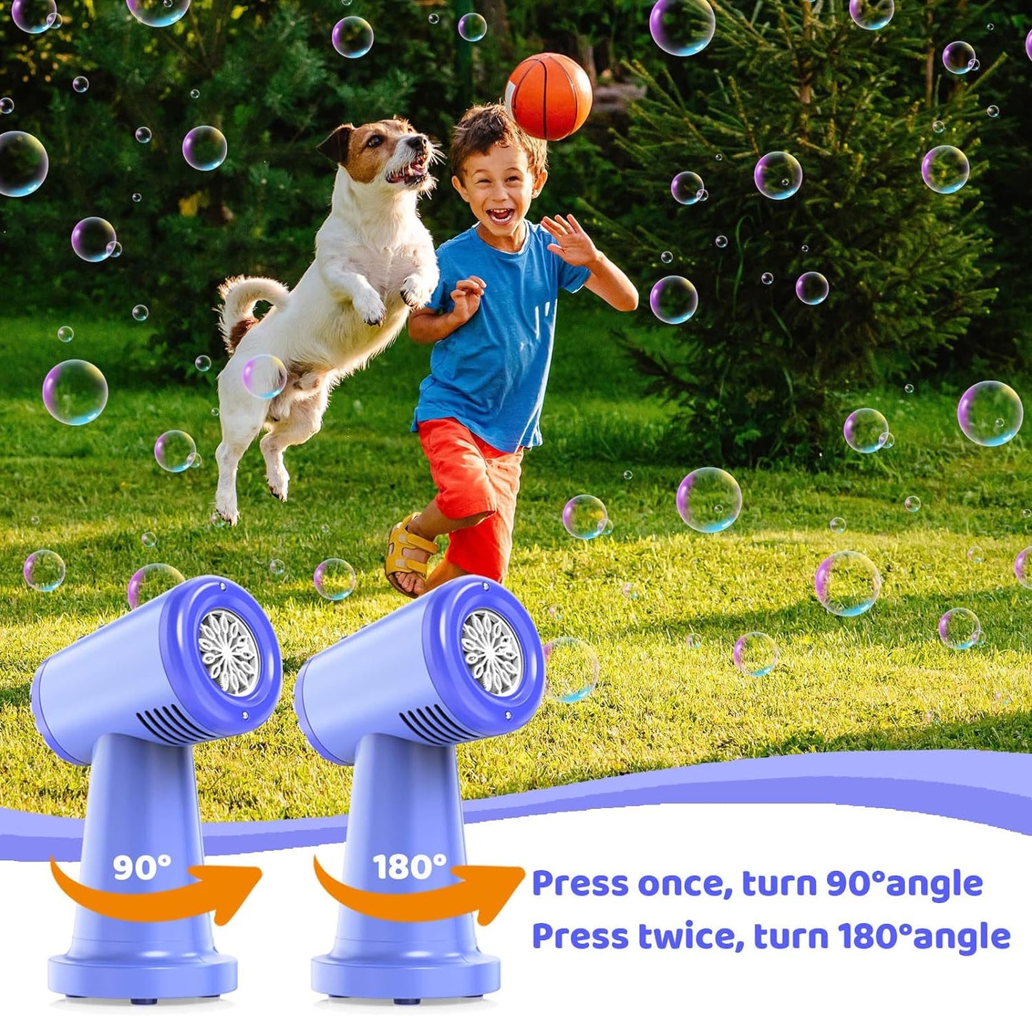 Bubble Machine for Kids Toddlers, Automatic 90°/180° Rotating Bubble Blower 20000+ Bubbles Per Minute, Portable Bubble Maker Outdoor Toys for Party, Birthday, Wedding (Include Rechargeable Battery)
