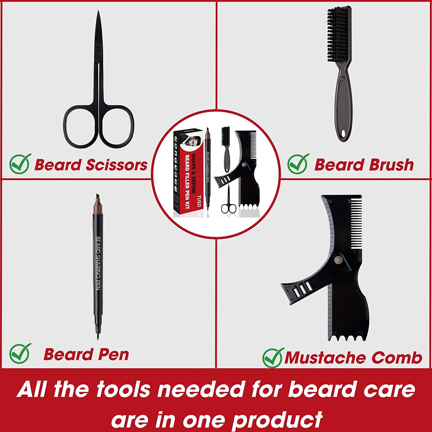 Beard Pencil Filler For Men - Beard Filler Pen Kit 2 Nibs Beard Kit With Beard Pen, Mustache Comb, Beard Scissors and Beard Brush - Beard Care At Home, Natural Look for Beard, Beard care kit for men.