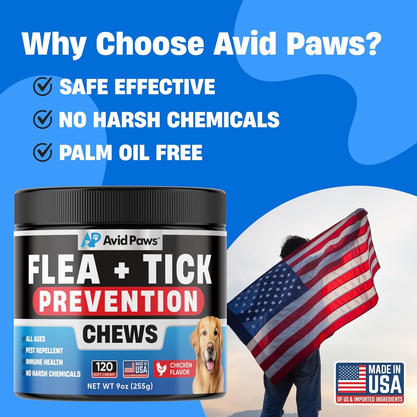 Dog Flea and Tick Treatment Chewable (Chicken Flavor) - US Made Natural Flea and Tick Prevention for Dogs Chewable Tablets - Flea and Tick Chews for Dogs - Soft Oral Flea Pills for All Breeds & Ages