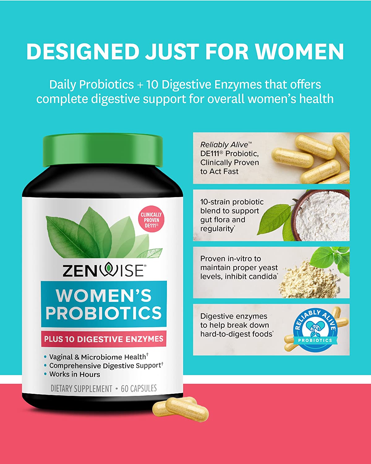 New Probiotics for Women – Probiotics + Digestive Enzymes for Vaginal Health, and Daily Gut Flora Health. Reliably Alive Probiotics for Digestive Health Wellness - 60 Count