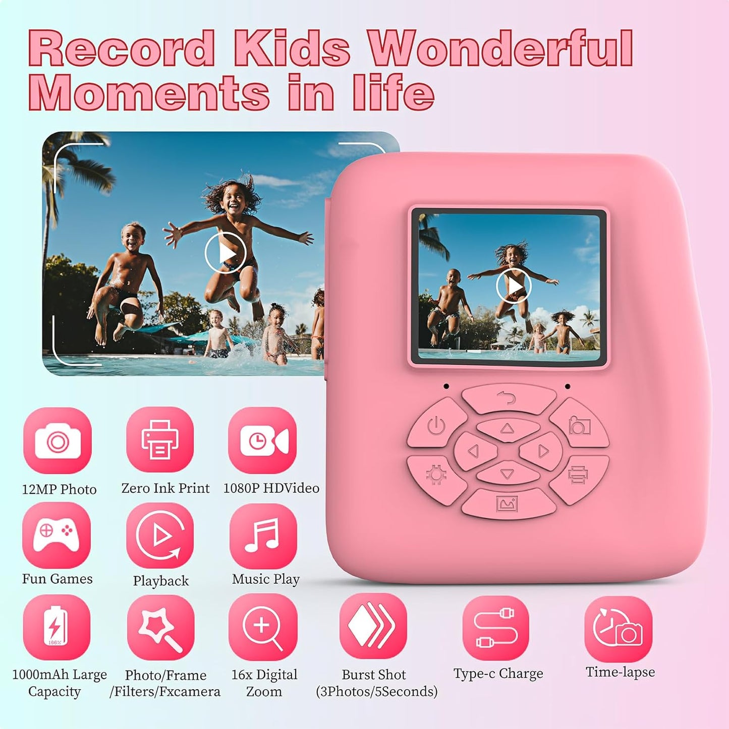 New pink Kids Camera Instant Print - Instant Print Camera for Kids, Inkless Camera Instant Print, Kids Digital Camera, Toddler Camera Video Cameras Kids Toys Christmas Birthday Gifts for Girls Boys Age 3-12