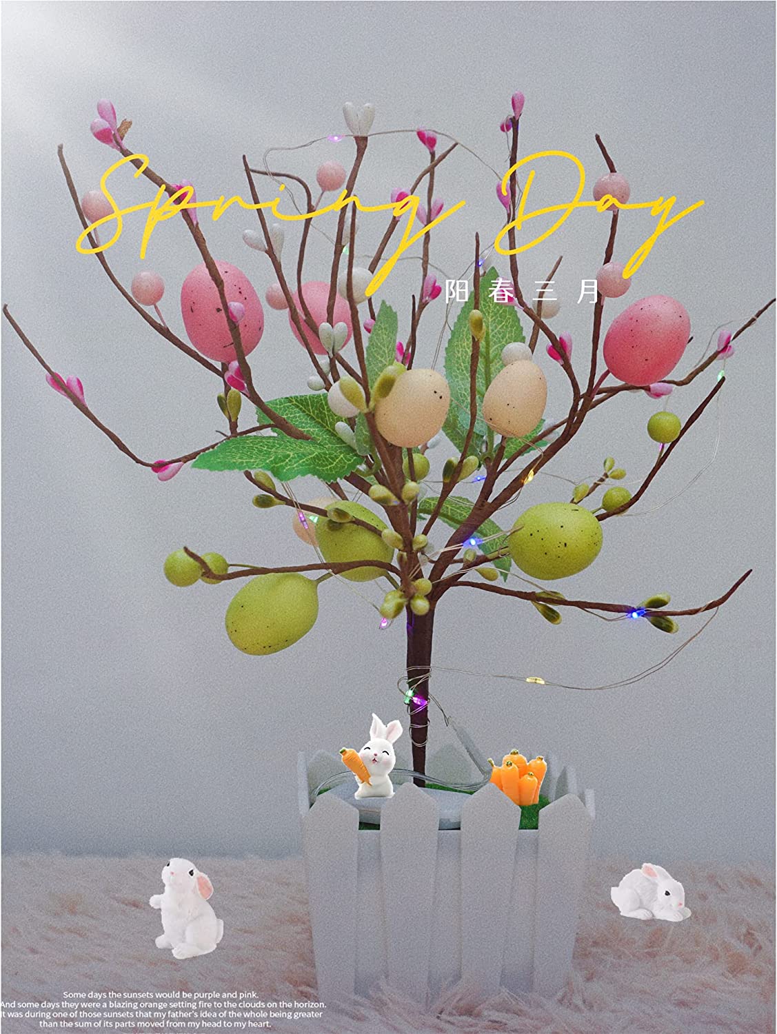 New Easter Decorations 13 Inch Artificial Easter Egg Tree Colorful Light with Fake Planter Pot for Home Spring Decoration (White-Basket)