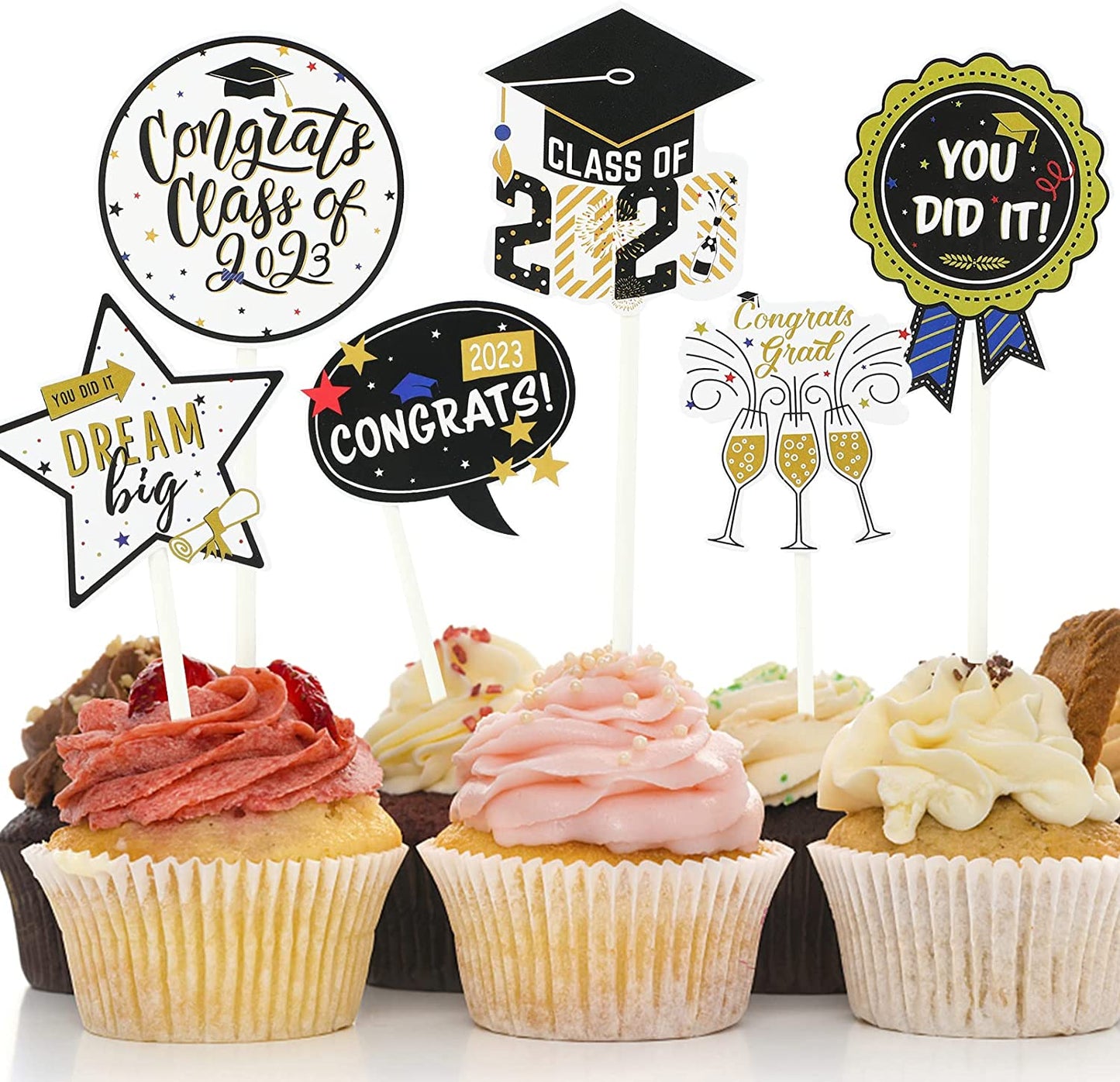 New Graduation Decorations Class of 2023 & 48 Pack Cute Graduation Cap Cake Toppers for Cupcakes (6 Different Patterns)