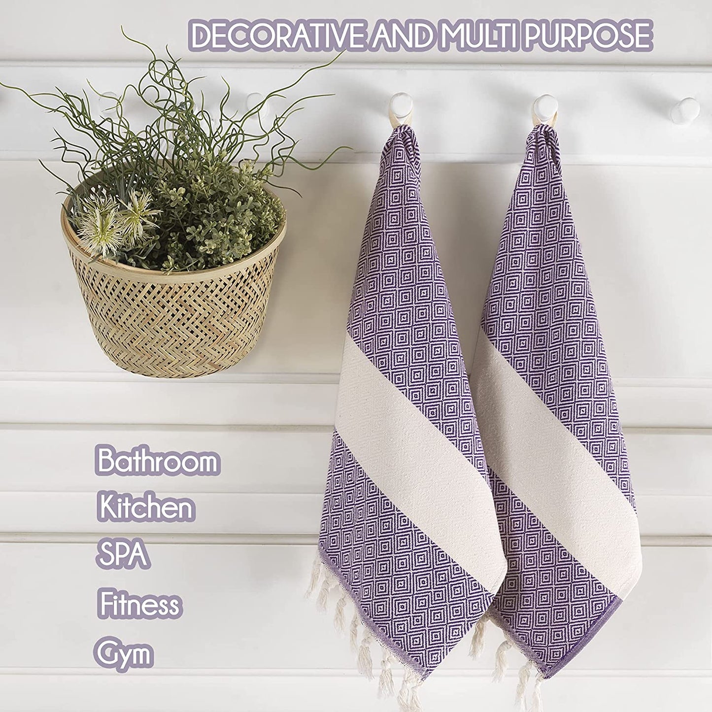New 2 Home Kitchen Hand Towels Set of 2 | 100% Cotton Decorative Turkish Hand Towels for Bathroom, Gym, Yoga, SPA | Quick Dry Farmhouse Towels for Hands, Hair and Face (19x39 inches, Purple)
