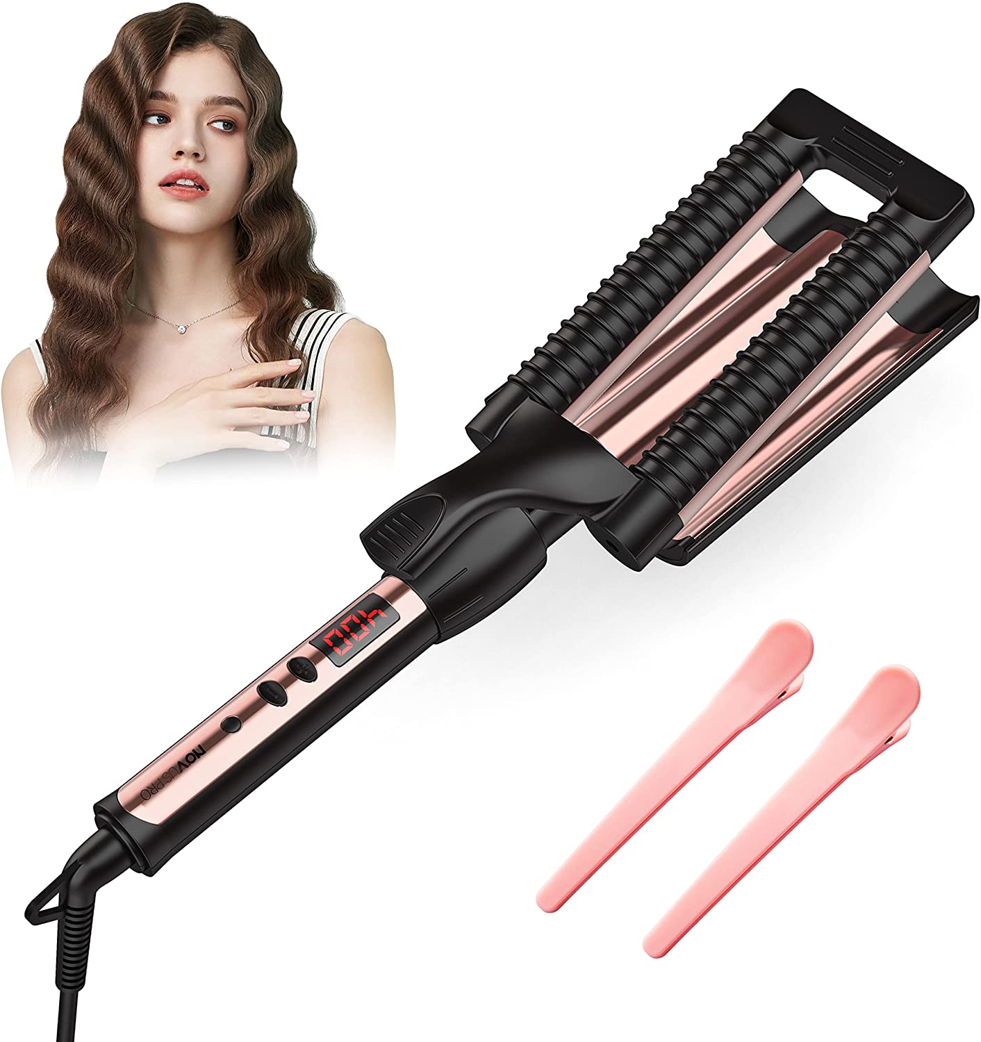 New 3 Barrel Curling Wand 1 Inch Curling Iron with All-Round Anti-Scald Design, Upgrated Triple 1 Inch Beach Hair Waver with LED Temperature Display, Digital Temperature Control, Hair Crimper