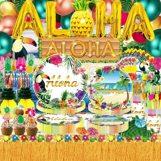 New Hawaiian Luau Birthday Party Supplies, Serves 25 Aloha Tropical Party Decorations Dinnerware 336Pcs Plates and Napkins with Backdrop, Tablecloth, Cutlery for Summer Beach Theme Pool Party