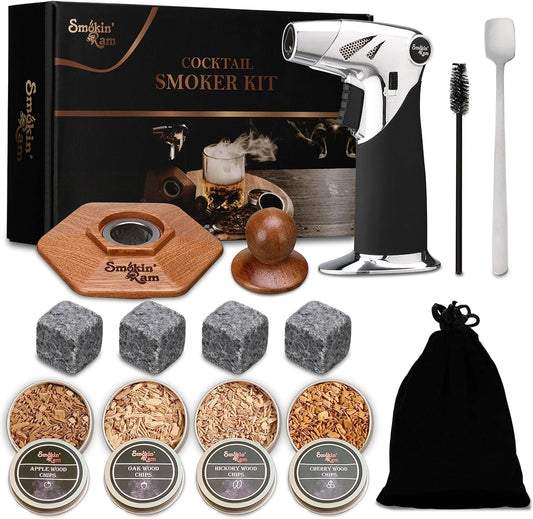 New Cocktail Smoker Kit with Torch - 4 Flavors Wood Chips - Old Fashioned Smoker Kit, Drink Smoker Kit, Whiskey Smoker Infuser Kit, Bourbon Whiskey Gifts for Men, Dad, Husband (NO Butane)