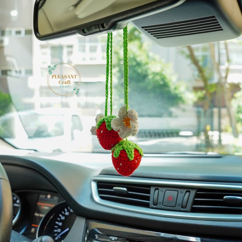 Car Mirror Hanging Accessories for Women, Personalized Crochet Strawberry Car Plant, Rear View Mirror Hanger, Photo Ornament Personalized